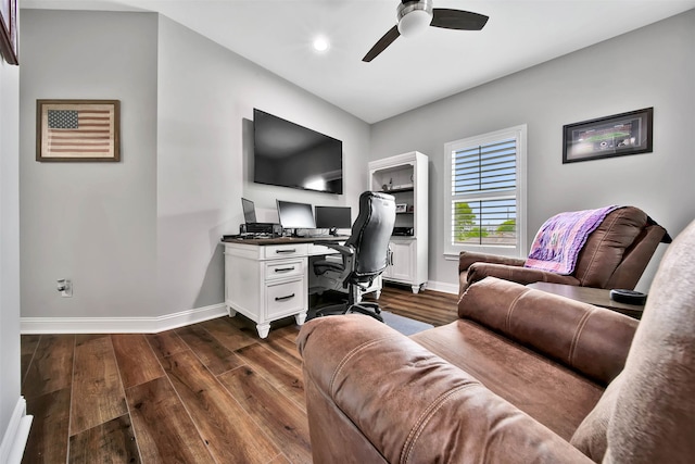 office area featuring ceiling fan and dark hardwood / wood-style flooring