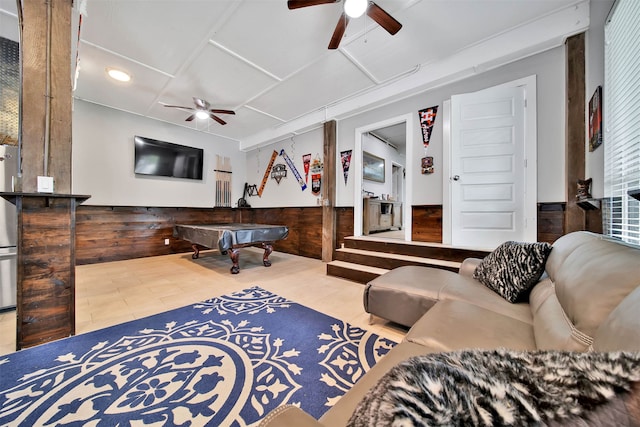 tiled living room featuring pool table and ceiling fan