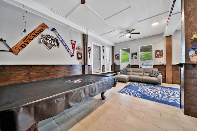 game room with ceiling fan, pool table, and light tile floors