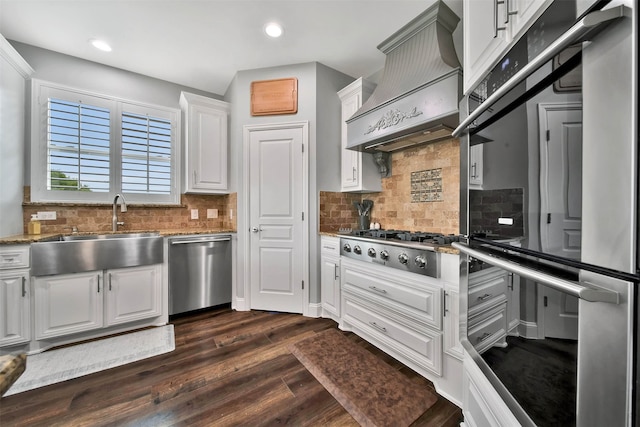 kitchen featuring appliances with stainless steel finishes, custom exhaust hood, sink, tasteful backsplash, and dark wood-type flooring