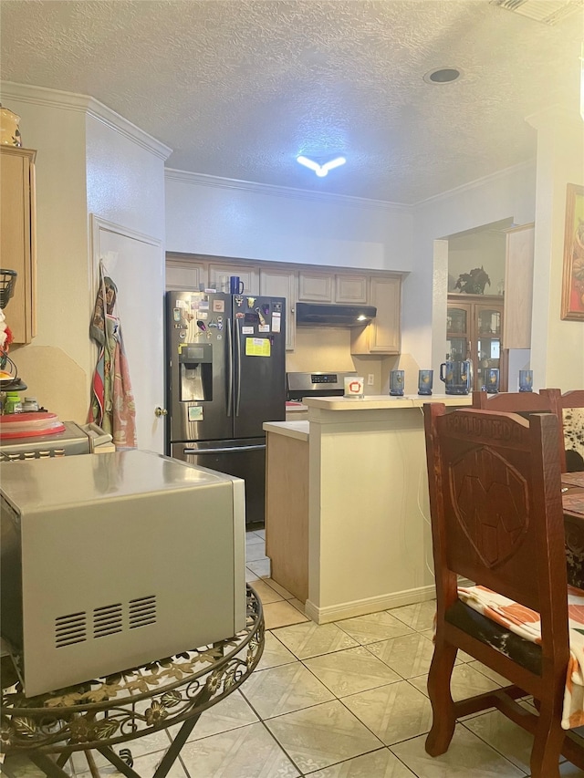 kitchen featuring a textured ceiling, stainless steel fridge with ice dispenser, kitchen peninsula, light tile patterned floors, and ornamental molding