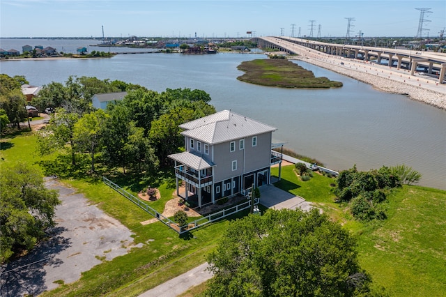 drone / aerial view featuring a water view