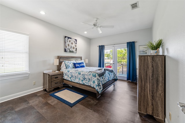 bedroom with access to outside, ceiling fan, and french doors