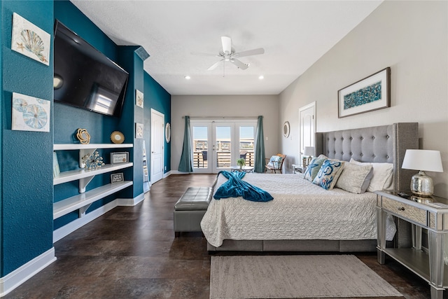 bedroom featuring ceiling fan and french doors