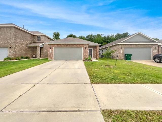 single story home with a front lawn and a garage