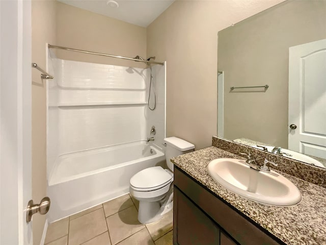 full bathroom featuring tile flooring, shower / tub combination, toilet, and large vanity