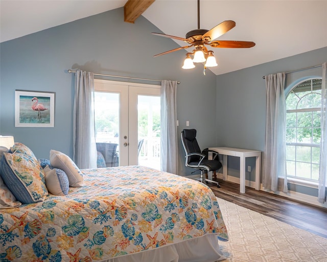 bedroom with access to outside, french doors, hardwood / wood-style flooring, vaulted ceiling with beams, and ceiling fan