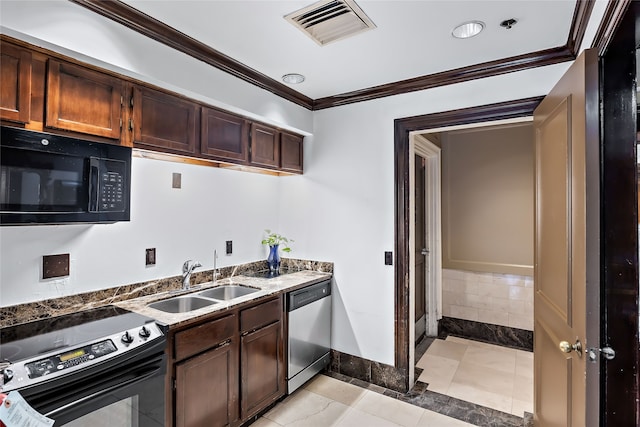 kitchen featuring range with electric cooktop, light tile floors, sink, dishwasher, and ornamental molding