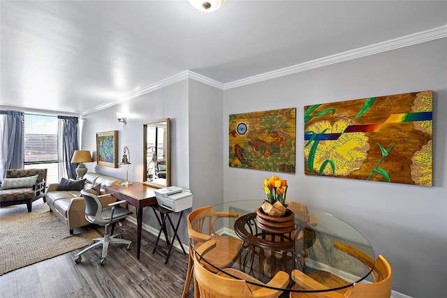 dining space with ornamental molding and dark wood-type flooring