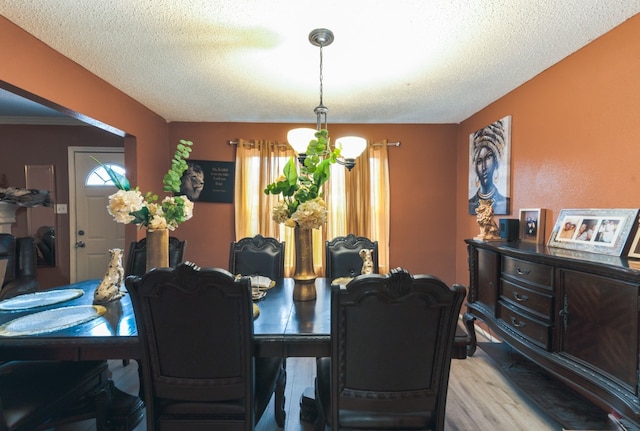 dining space featuring light hardwood / wood-style flooring and a textured ceiling