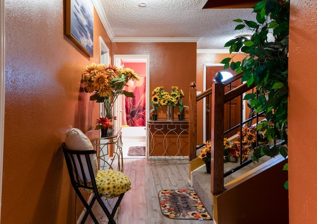 corridor with crown molding, a textured ceiling, and hardwood / wood-style floors