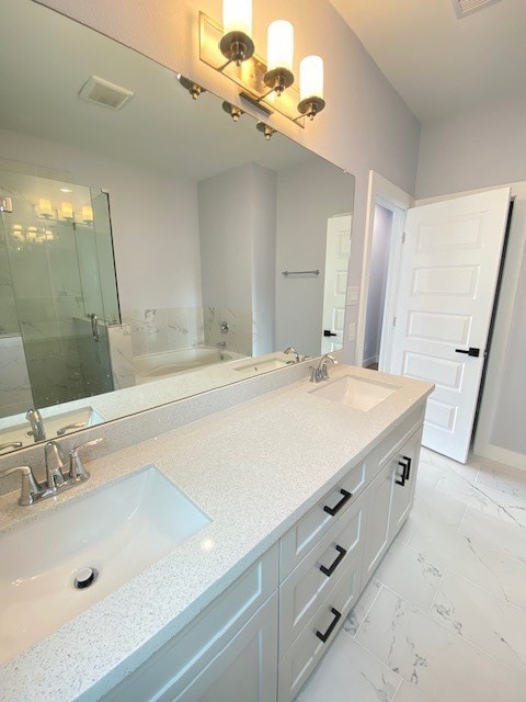 bathroom with vanity and plus walk in shower