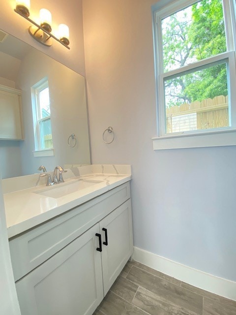 bathroom featuring hardwood / wood-style flooring and vanity