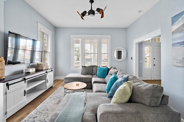 living room featuring ceiling fan and dark hardwood / wood-style floors