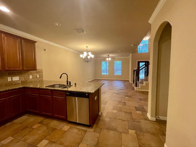 kitchen with sink, light tile patterned flooring, crown molding, and dishwasher