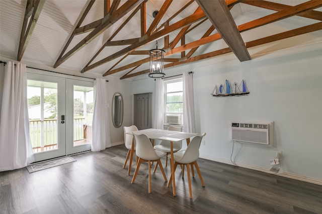 dining space with french doors, an AC wall unit, dark wood-type flooring, and vaulted ceiling with beams