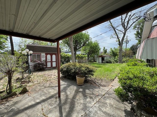 view of terrace featuring a shed