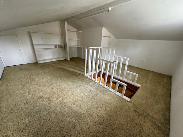 additional living space featuring built in features, carpet, and vaulted ceiling