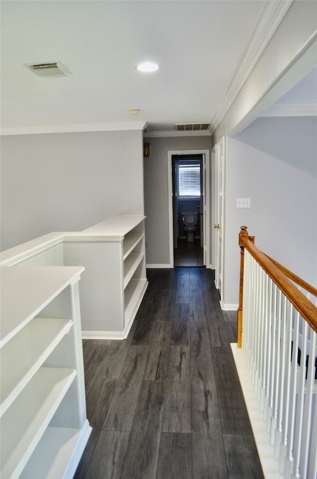 hall featuring dark hardwood / wood-style floors and ornamental molding