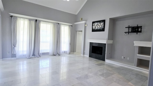 unfurnished living room featuring light tile patterned floors, ornamental molding, and high vaulted ceiling