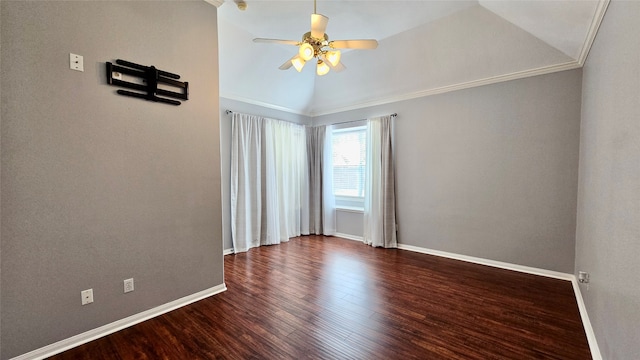 unfurnished room featuring crown molding, lofted ceiling, dark hardwood / wood-style flooring, and ceiling fan