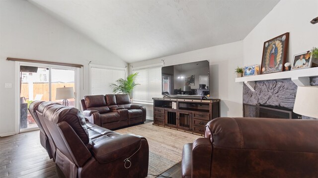 living room featuring hardwood / wood-style flooring, a stone fireplace, and high vaulted ceiling