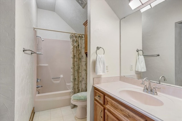 full bathroom with shower / tub combo, toilet, lofted ceiling, vanity, and tile floors