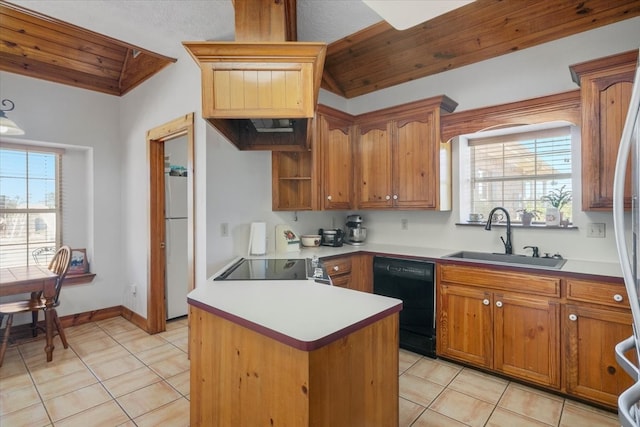 kitchen with white refrigerator, wooden ceiling, black dishwasher, and light tile flooring