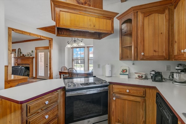 kitchen featuring stainless steel range with electric cooktop, kitchen peninsula, and dishwasher