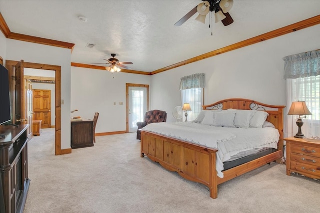 carpeted bedroom featuring multiple windows, crown molding, and ceiling fan