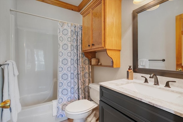 full bathroom with vanity, shower / bathtub combination with curtain, toilet, and ornamental molding