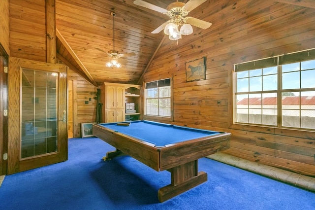 recreation room with ceiling fan, carpet, billiards, and wood ceiling