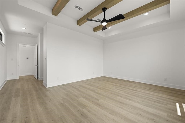 unfurnished room with ceiling fan, light hardwood / wood-style floors, and beamed ceiling