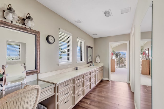 bathroom featuring wood-type flooring, vanity, and plenty of natural light