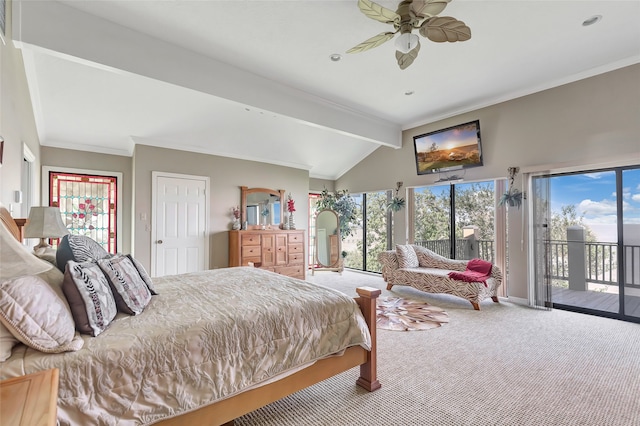 carpeted bedroom featuring ceiling fan, lofted ceiling with beams, crown molding, and access to outside