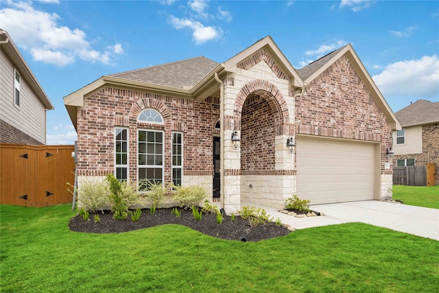 view of front of house featuring a front yard and a garage