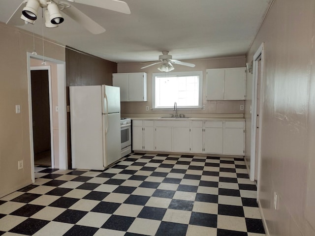 kitchen featuring white cabinetry, white appliances, dark tile patterned flooring, and ceiling fan