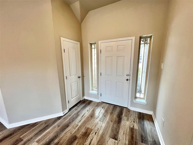 foyer featuring vaulted ceiling and dark hardwood / wood-style floors