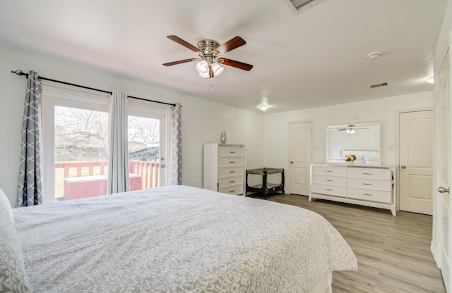 bedroom with light wood-type flooring, access to outside, and ceiling fan