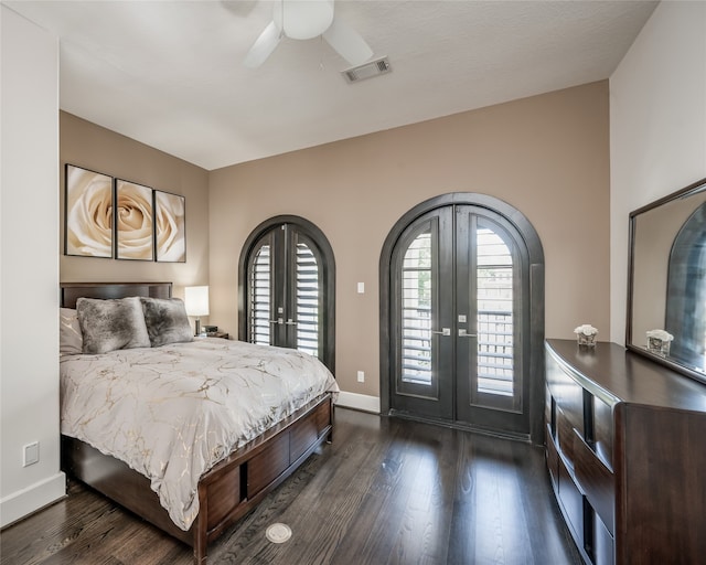 bedroom with ceiling fan, french doors, dark hardwood / wood-style flooring, and access to exterior