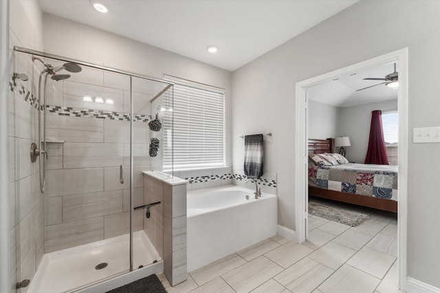 bathroom with ceiling fan, tile patterned floors, and shower with separate bathtub