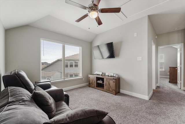 living room featuring light carpet, vaulted ceiling, and ceiling fan