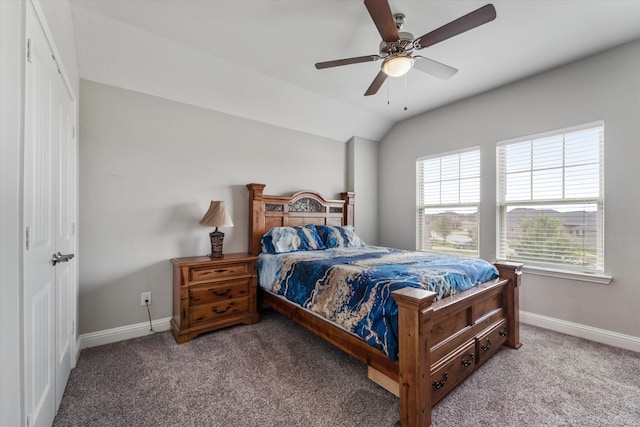 bedroom with lofted ceiling, carpet floors, and ceiling fan