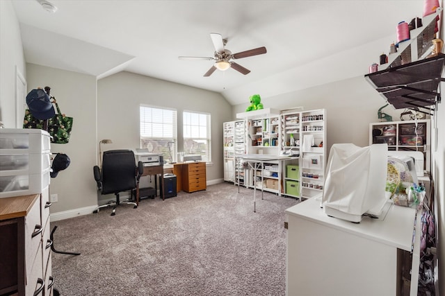 office featuring lofted ceiling, carpet floors, and ceiling fan