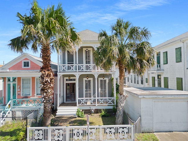 view of front of property featuring a balcony and covered porch