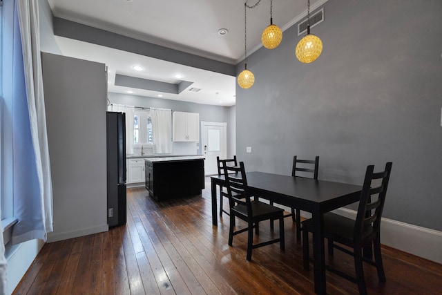 dining area featuring sink, a tray ceiling, and dark wood-type flooring