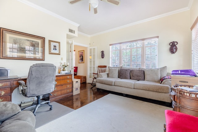 office space featuring ceiling fan, dark wood-type flooring, and ornamental molding