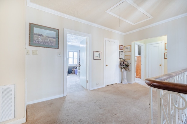 hallway with light carpet and crown molding