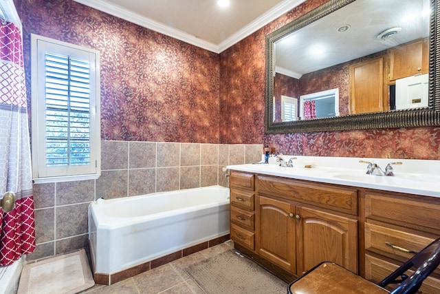 bathroom with crown molding, tile floors, tile walls, a tub, and oversized vanity