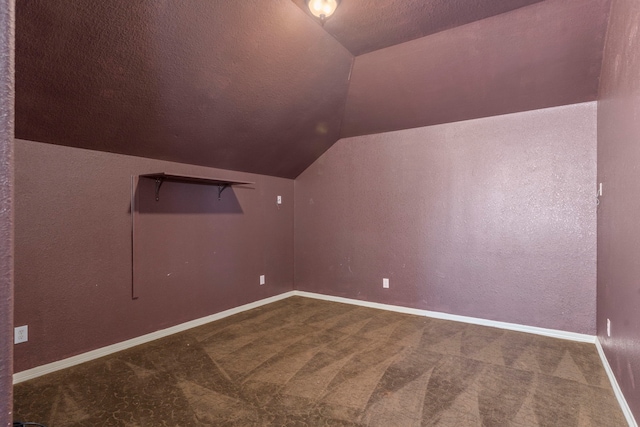 additional living space featuring lofted ceiling, a textured ceiling, and carpet flooring